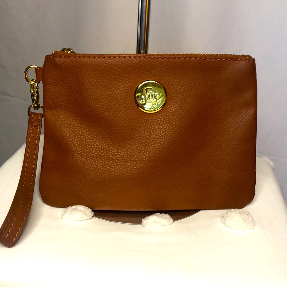 JOY MANGANO brown pebble leather wristlet.